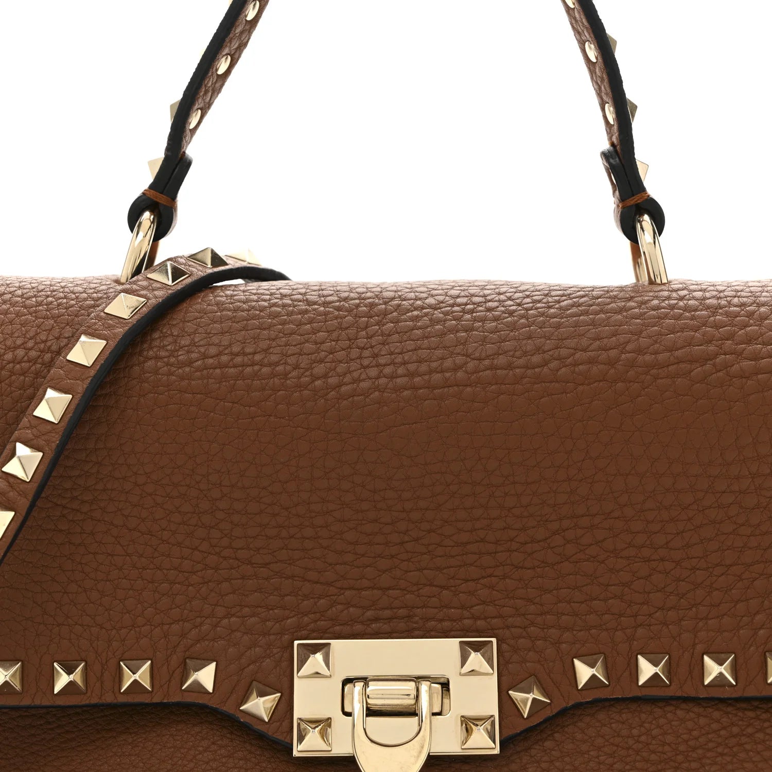Pebbled Calfskin Medium Rockstud Top Handle Shoulder Bag Cognac