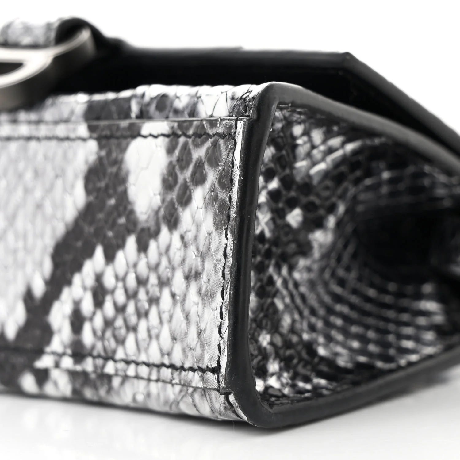 Shiny Calfskin Snakeskin Effect Hourglass Top Handle Bag Mini Silver Black