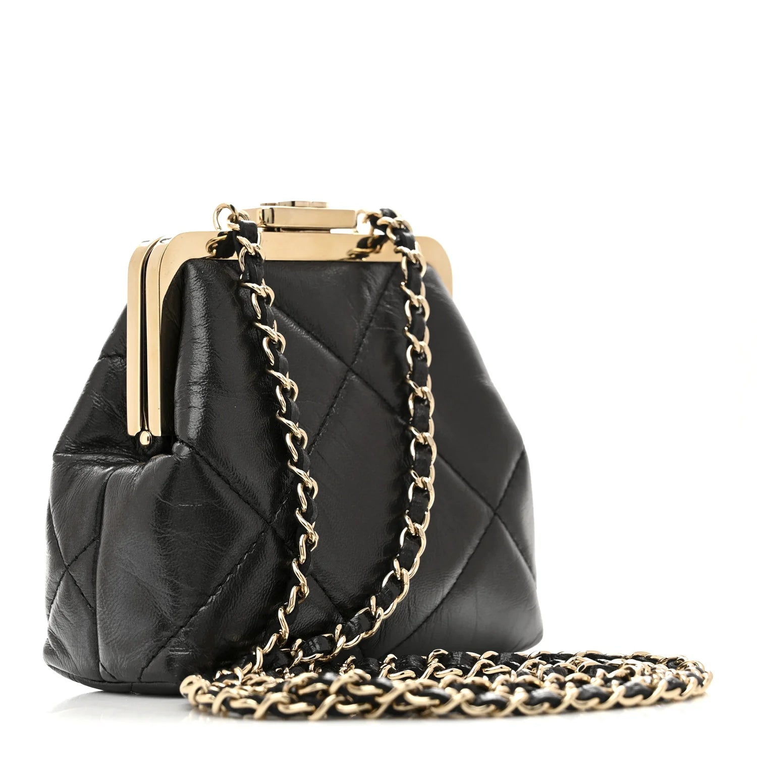 Shiny Aged Lambskin Quilted Kiss Lock Clutch with Chain Black