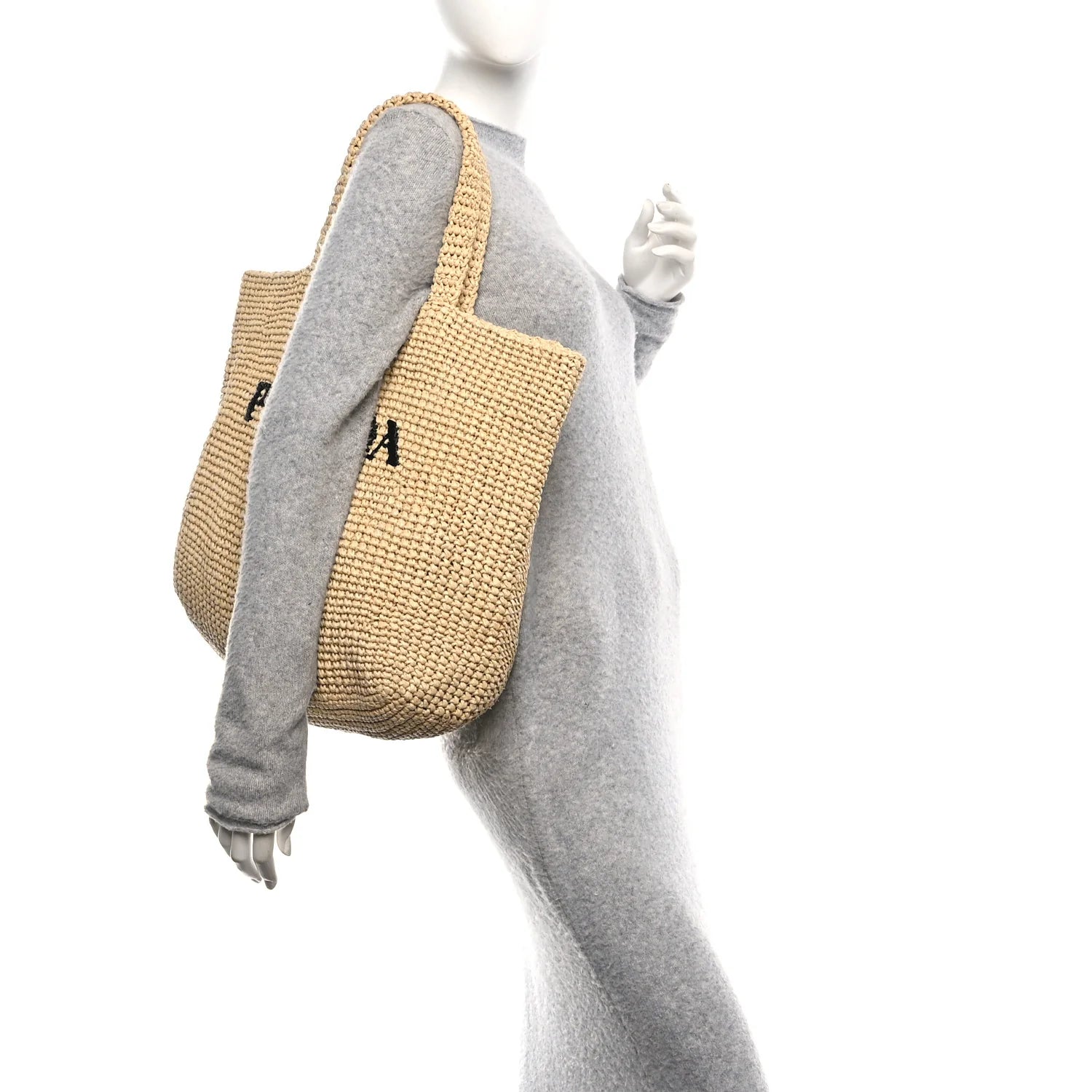 Yarn Raffia Effect Crochet Embroidered Logo Tote Naturale