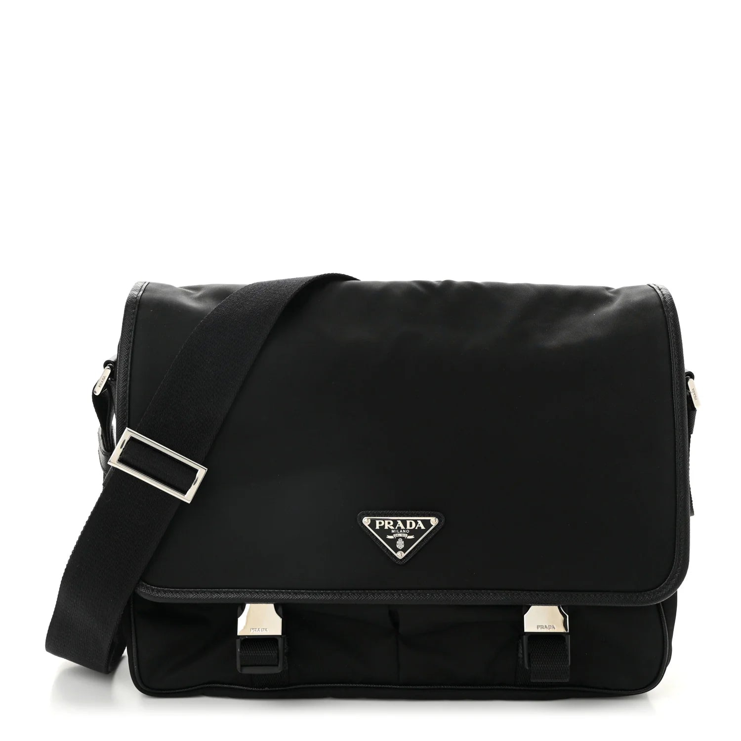 Tessuto Nylon Saffiano Large Double Snap Buckle Messenger Bag Black