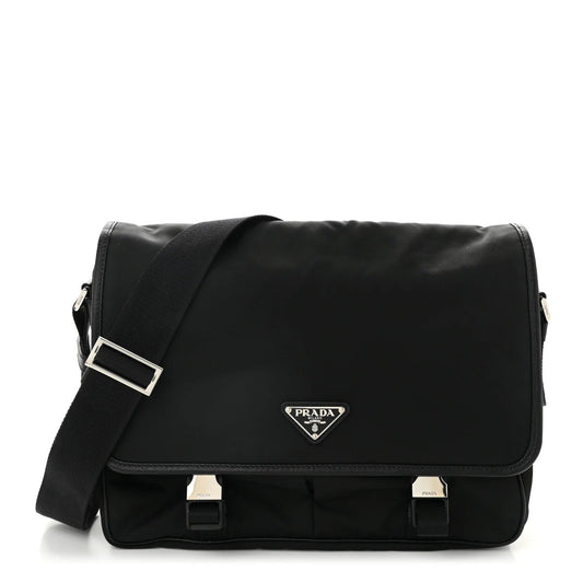 Tessuto Nylon Saffiano Large Double Snap Buckle Messenger Bag Black