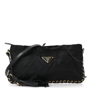 Tessuto Nylon Whipstitch Grommet Tassel Shoulder Bag Black