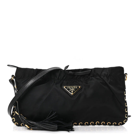 Tessuto Nylon Whipstitch Grommet Tassel Shoulder Bag Black