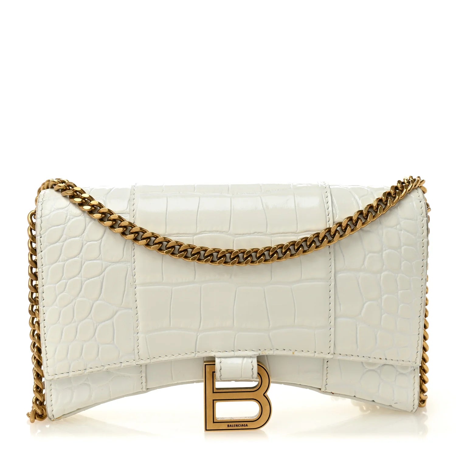 Shiny Calfskin Crocodile Embossed Hourglass Chain Bag White