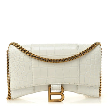 Shiny Calfskin Crocodile Embossed Hourglass Chain Bag White