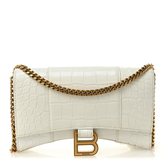 Shiny Calfskin Crocodile Embossed Hourglass Chain Bag White