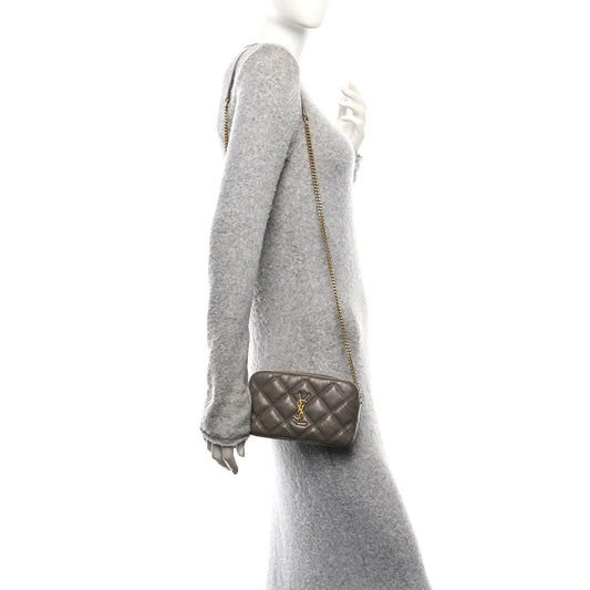 Grained Lambskin Quilted Mini Becky Double Zip Bag Taupe