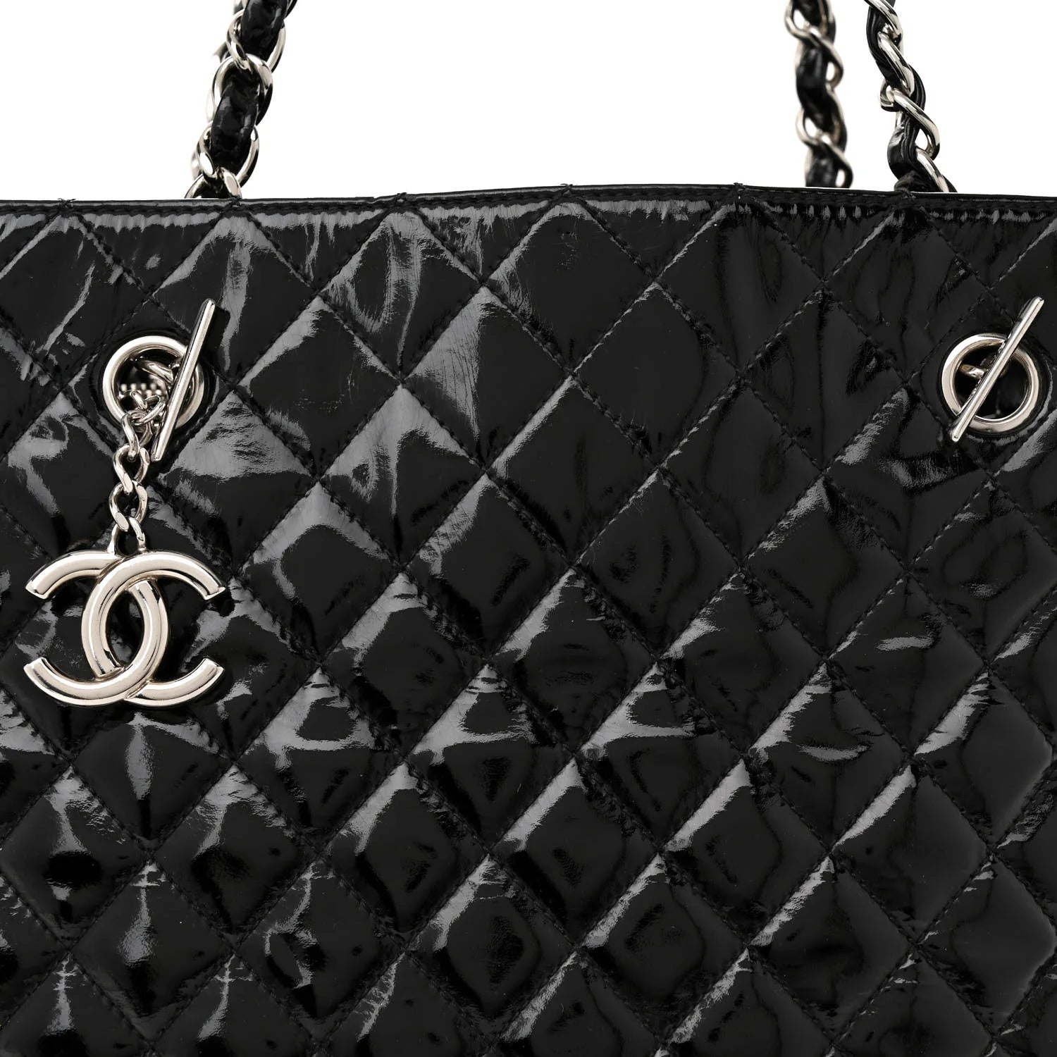 Patent Quilted Large Shopping Tote Black