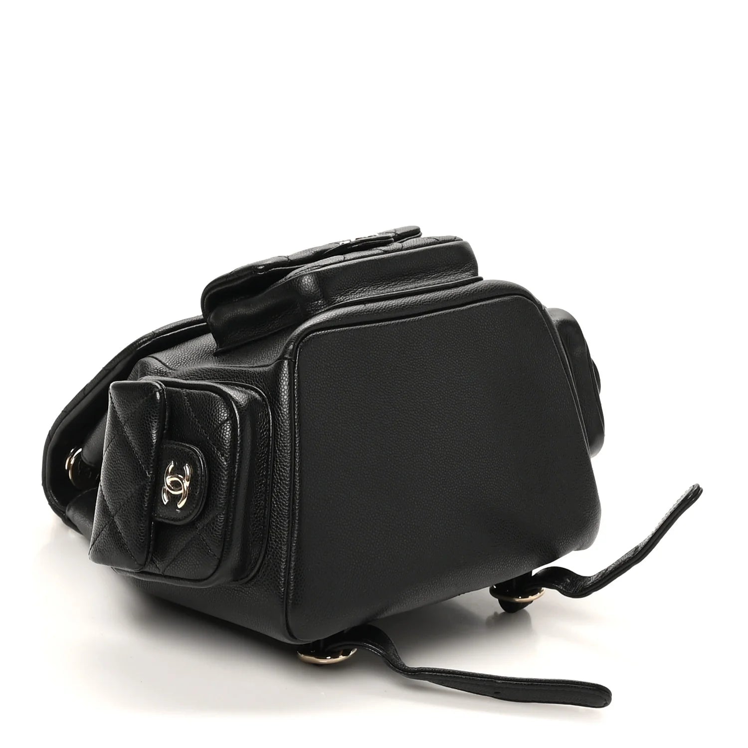 Shiny Caviar Quilted Small Pockets Drawstring Backpack Black