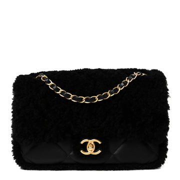 Shearling Lambskin Quilted Furry Coco Flap Black