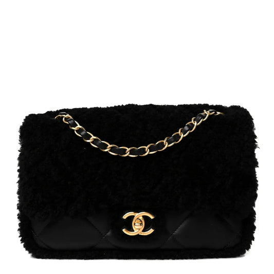 Shearling Lambskin Quilted Furry Coco Flap Black