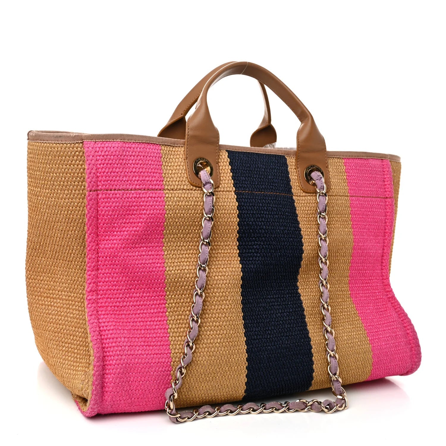 Straw Raffia Calfskin Striped Medium Deauville Tote Dark Beige Fuchsia Navy Blue