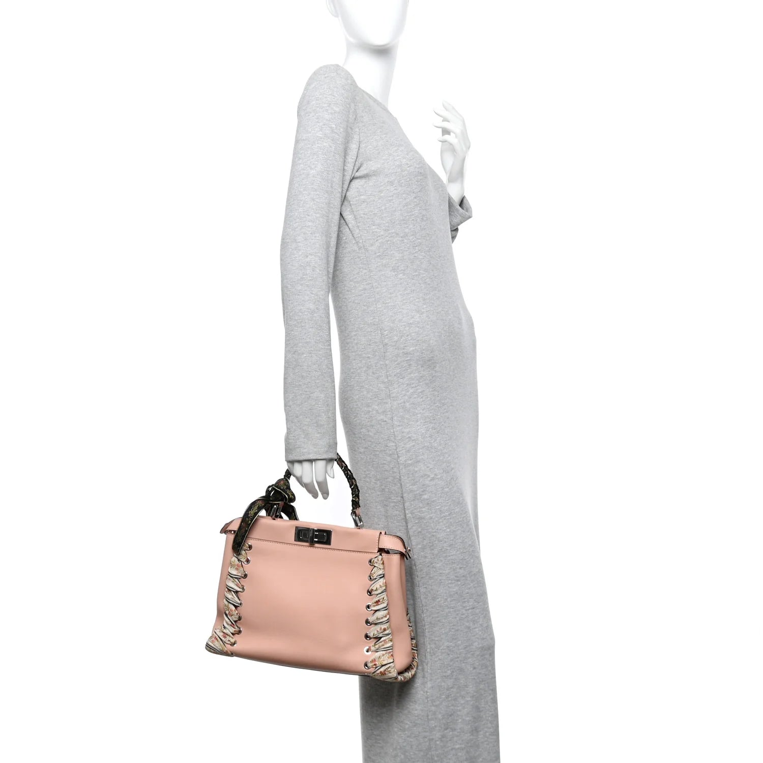 Vitello Seta Shiny Nappa Ribbon Lace up Floral Medium Peekaboo Iconic Satchel Baby Pink Multicolor