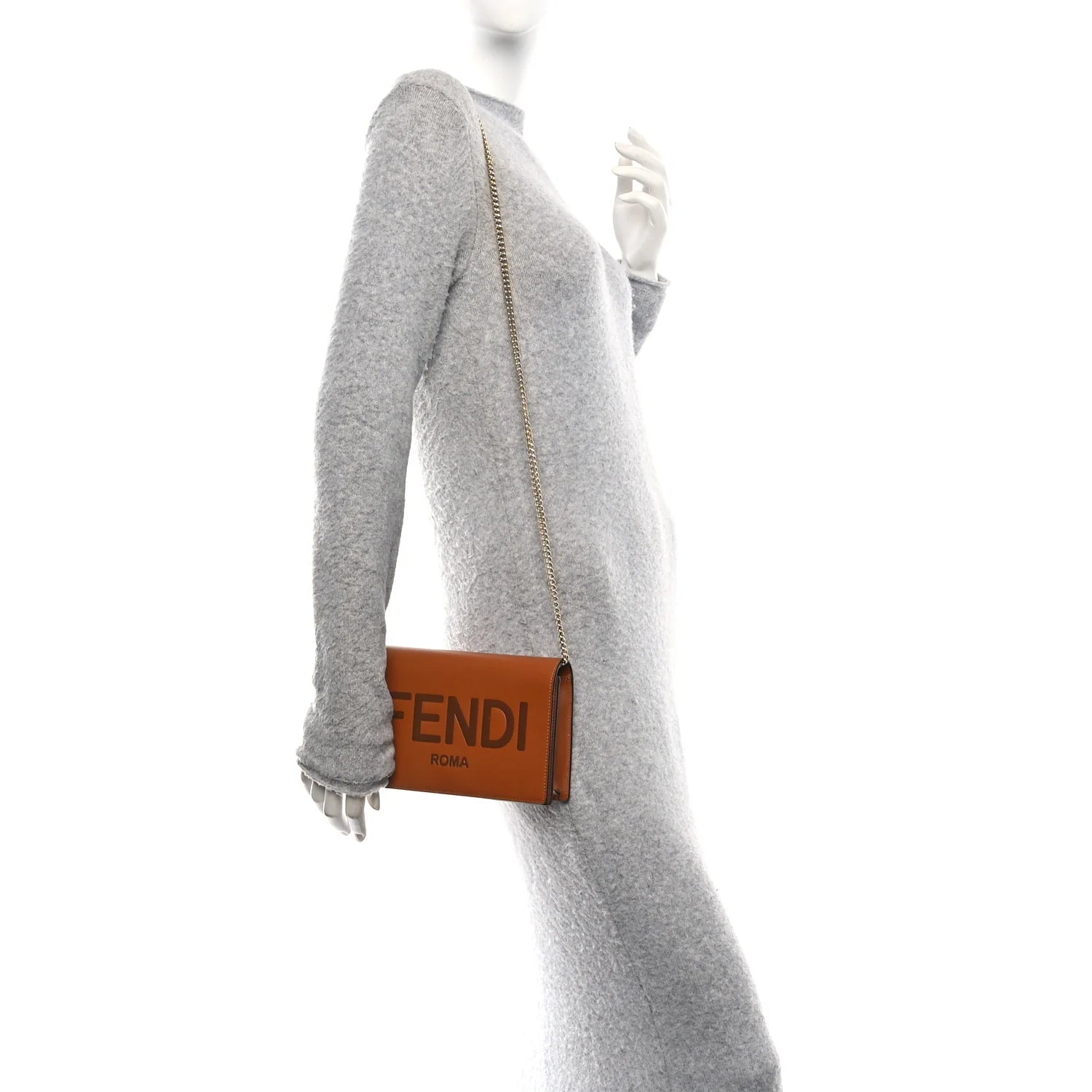 Vitello King Tamponato Logo Embossed Medium Wallet on Chain Cuoio