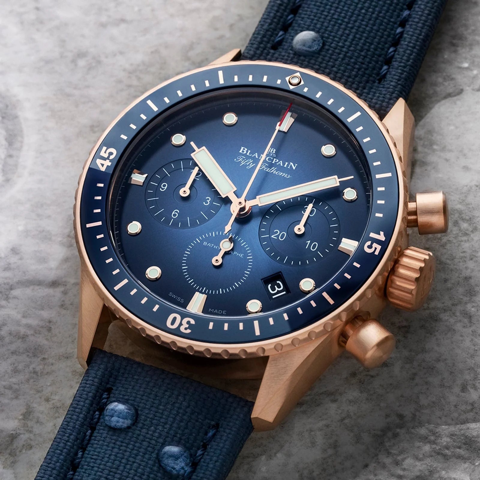 Unworn  Fifty Fathoms Bathyscaphe Chronographe Flyback, 18K Red Gold, 43Mm, Ref# 5200-3640-O52A, Box and Papers