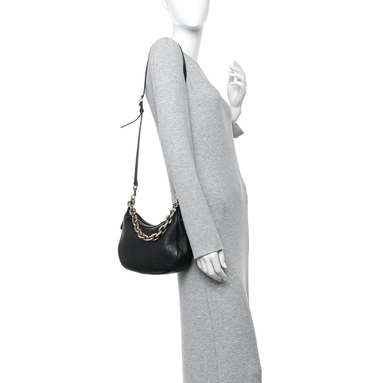 Grainy Calfskin GG Embossed Emblem Small Half Moon Shoulder Bag Black