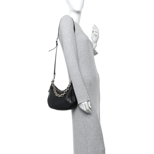 Grainy Calfskin GG Embossed Emblem Small Half Moon Shoulder Bag Black