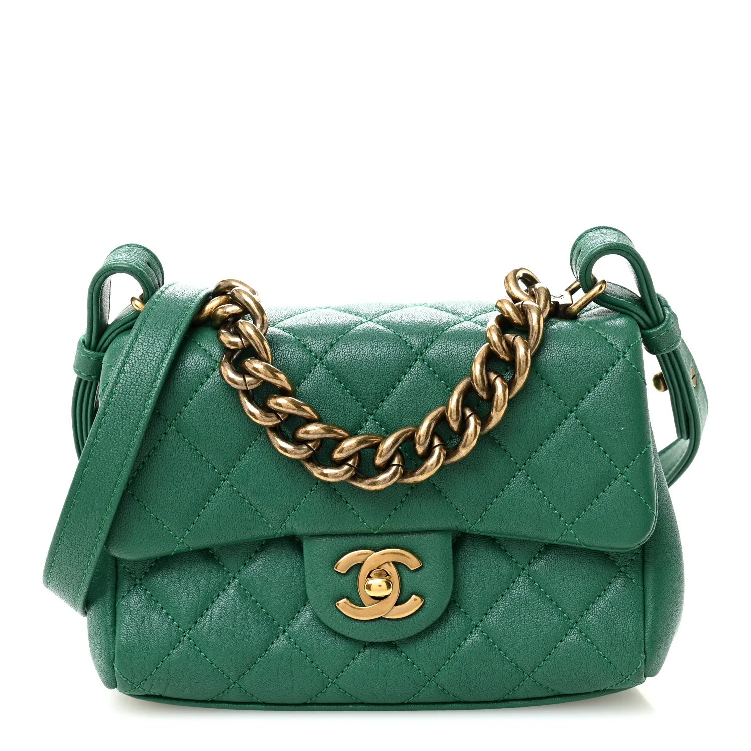 Shiny Sheepskin Quilted Mini Trapezio Flap Green