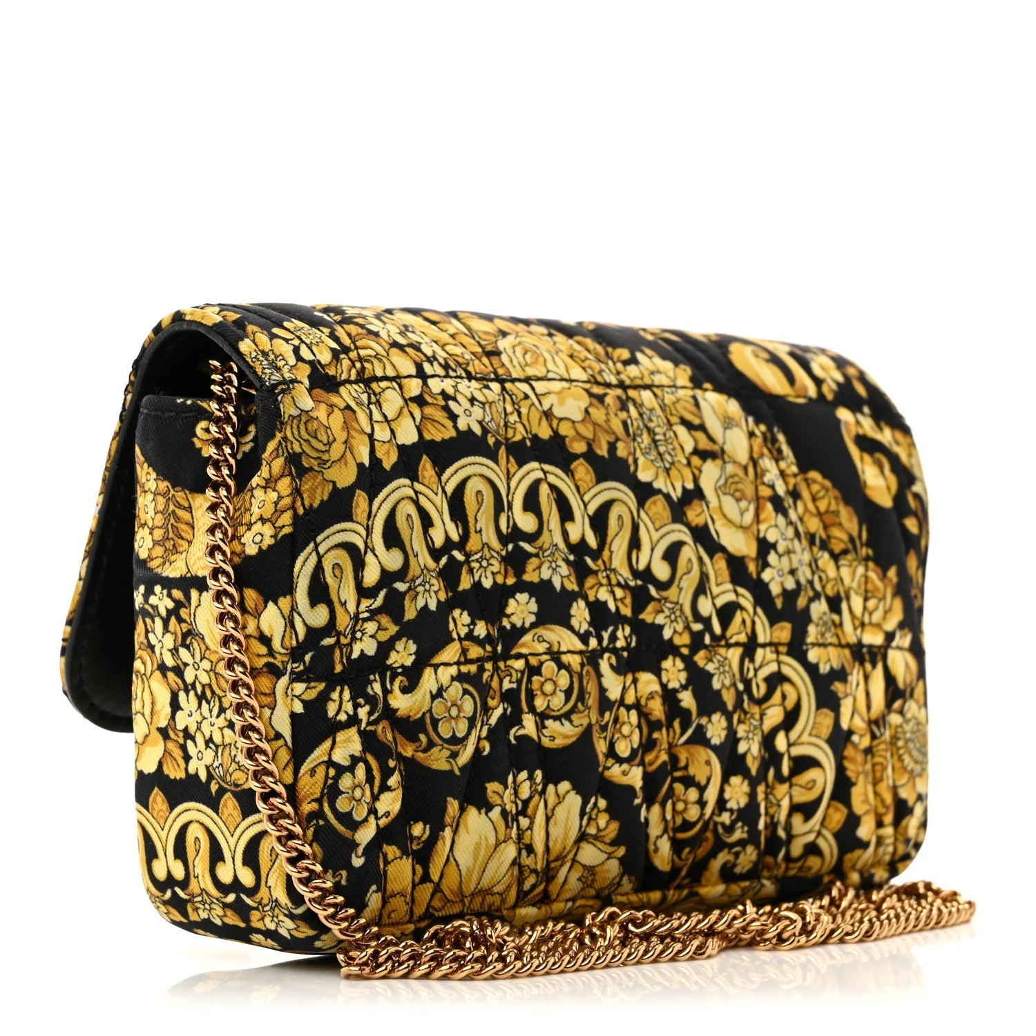 Silk Barocco Printed Quilted Virtus V Mini Chain Flap Shoulder Bag Black Gold