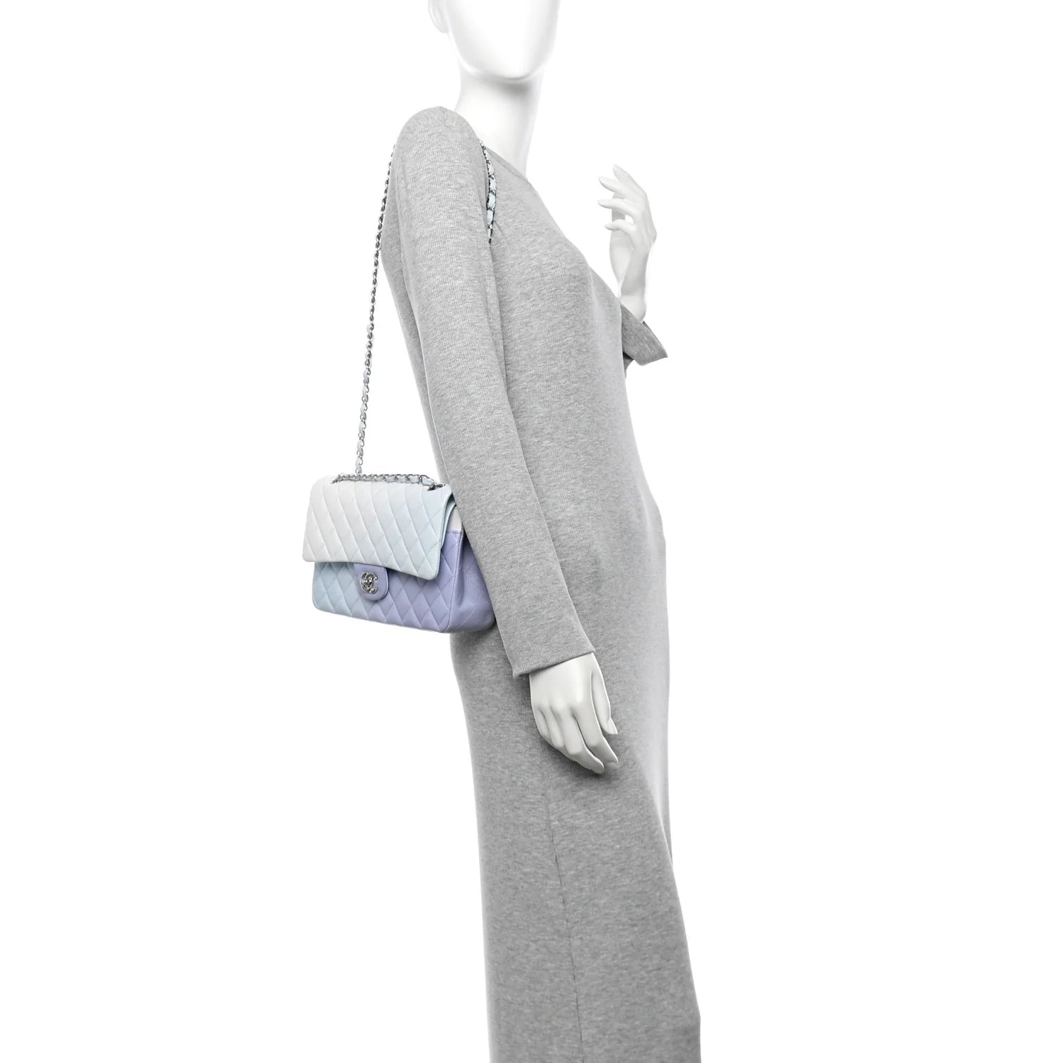 Perforated Lambskin Quilted Medium Double Flap Light Blue Light Purple White