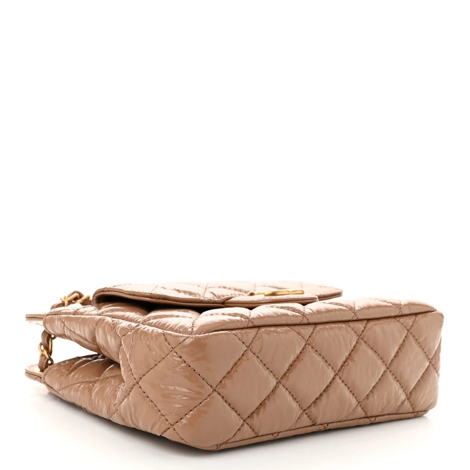 Shiny Crumpled Calfskin Quilted Small Wavy CC Hobo Dark Beige
