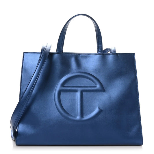 Metallic Vegan Leather Medium Shopping Bag Cobalt