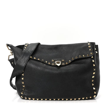 Pebbled Calfskin Rockstud Flip-Lock Messenger Bag Black