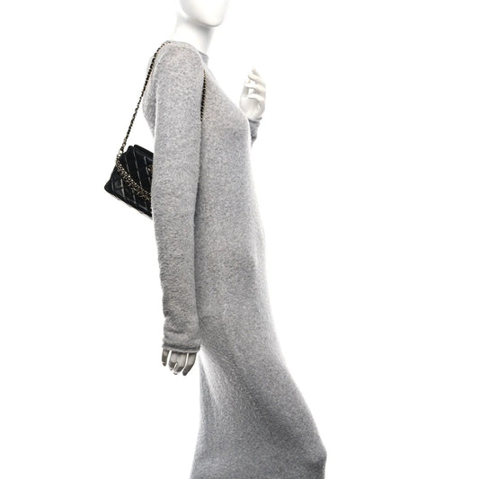 Shiny Crumpled Calfskin Quilted Clutch with Chain Black