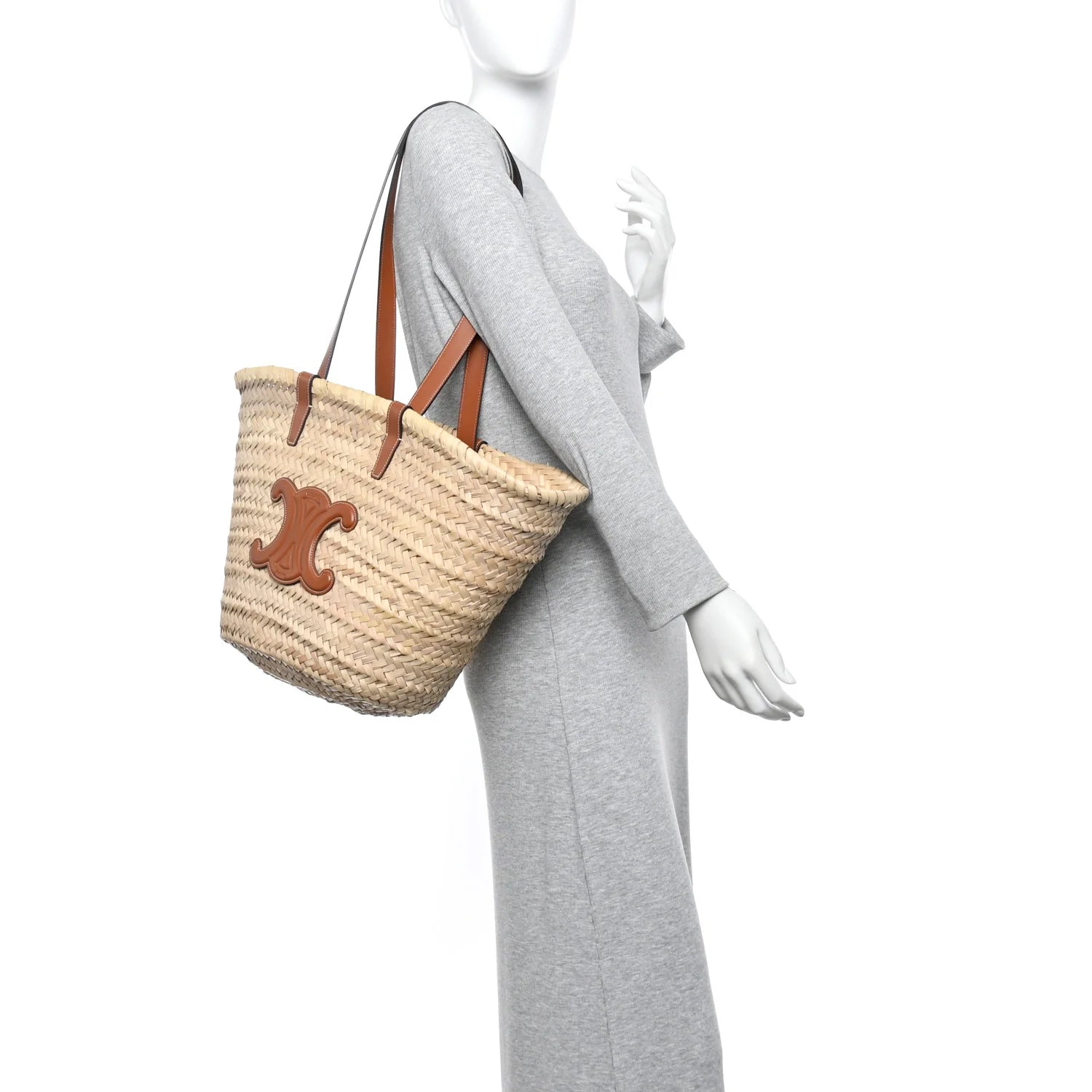 Raffia Calfskin Triomphe Medium Panier Tan