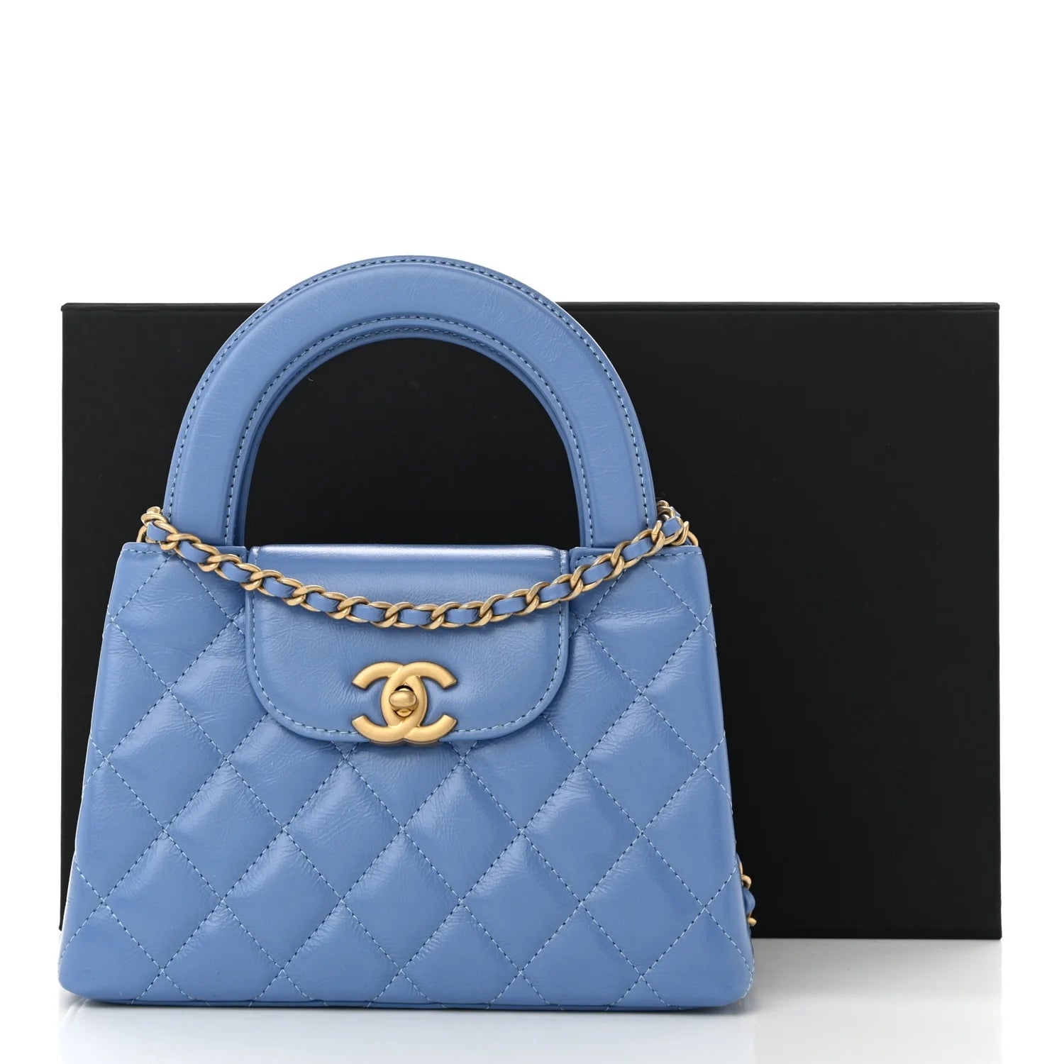 Shiny Aged Calfskin Quilted Nano Kelly Shopper Blue