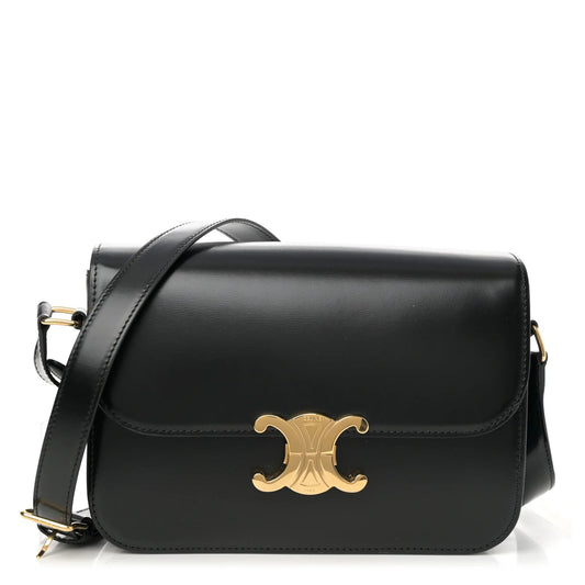 Shiny Calfskin Medium Triomphe Shoulder Bag Black