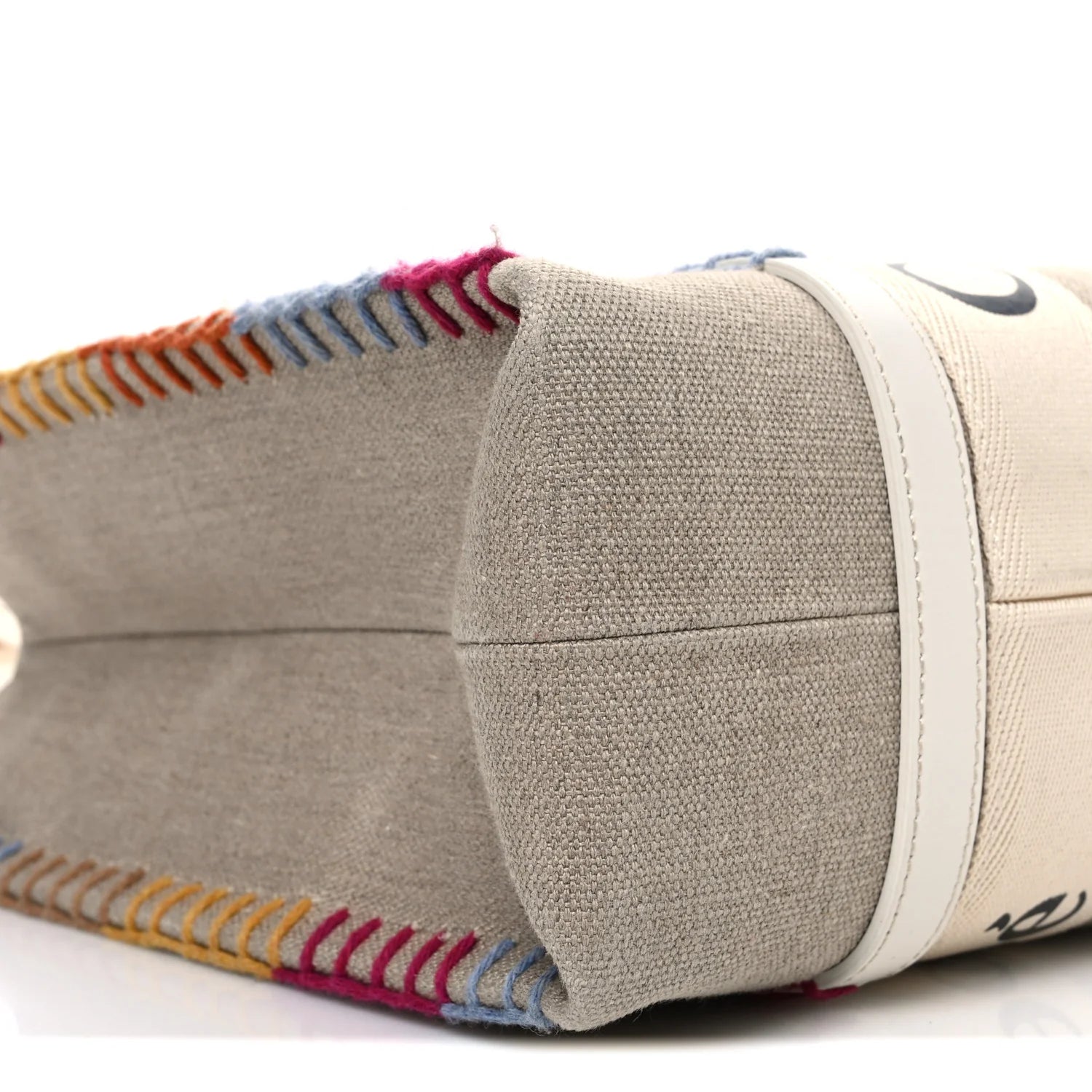 Linen Canvas Calfskin Blanket Stitched Medium Woody Ribbon Tote White Multicolor