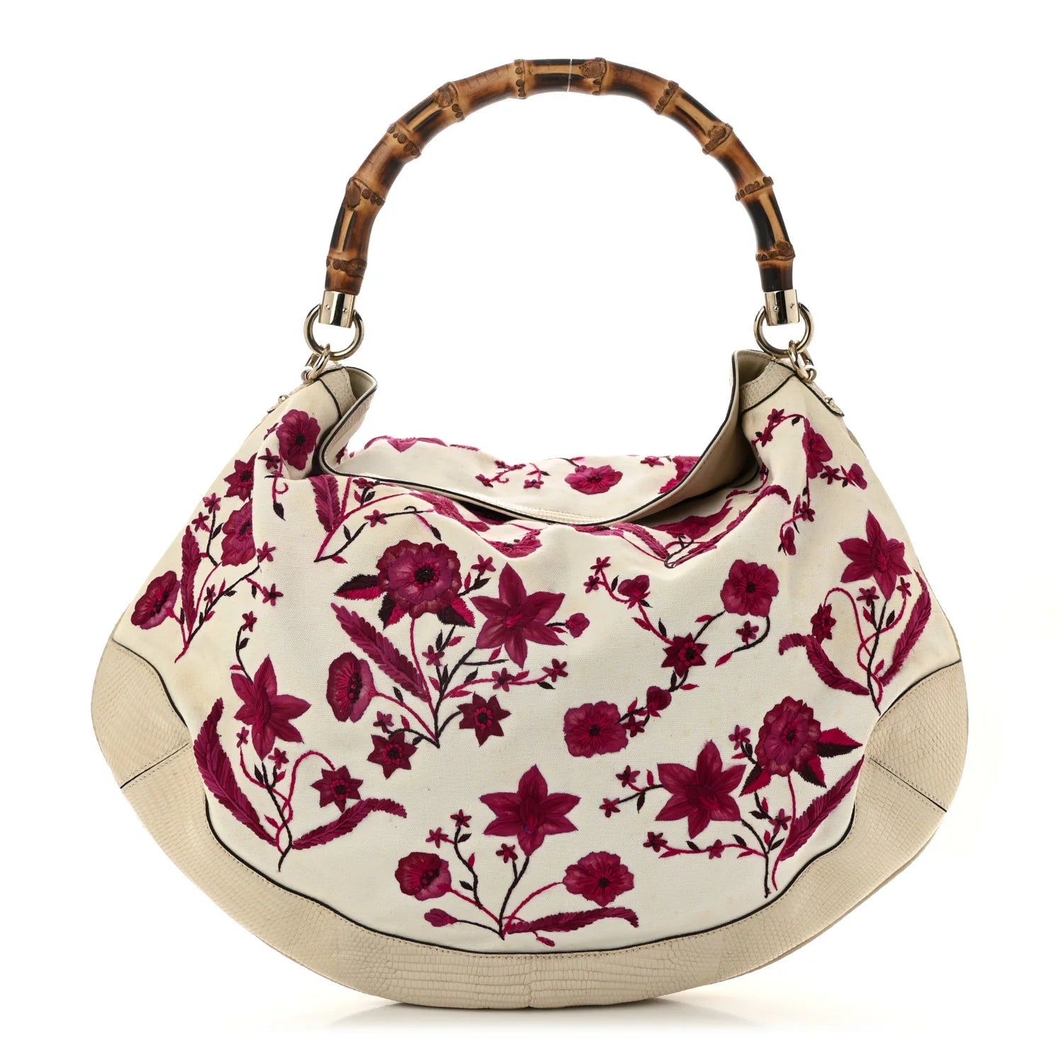 Lizard Canvas Embroidered Peggy Bamboo Top Handle Hobo White Pink