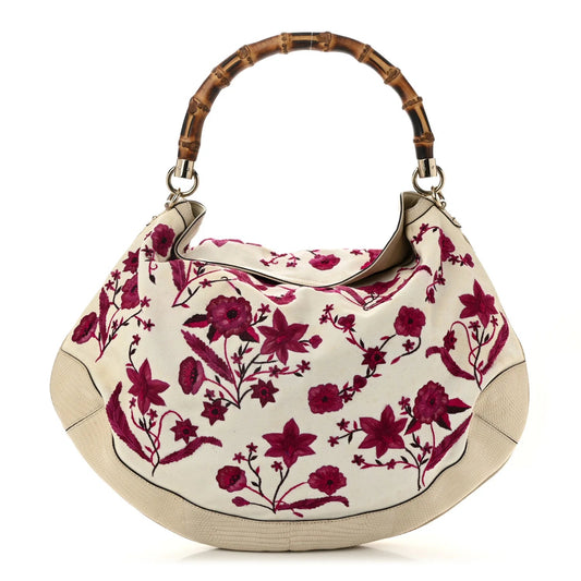Lizard Canvas Embroidered Peggy Bamboo Top Handle Hobo White Pink