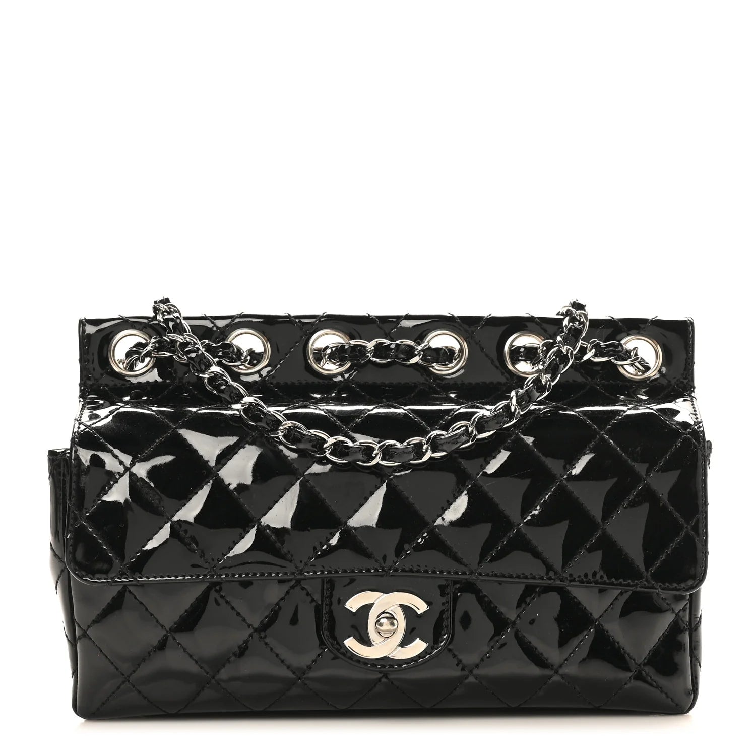 Patent Quilted Medium Diagonal CC Flap Black