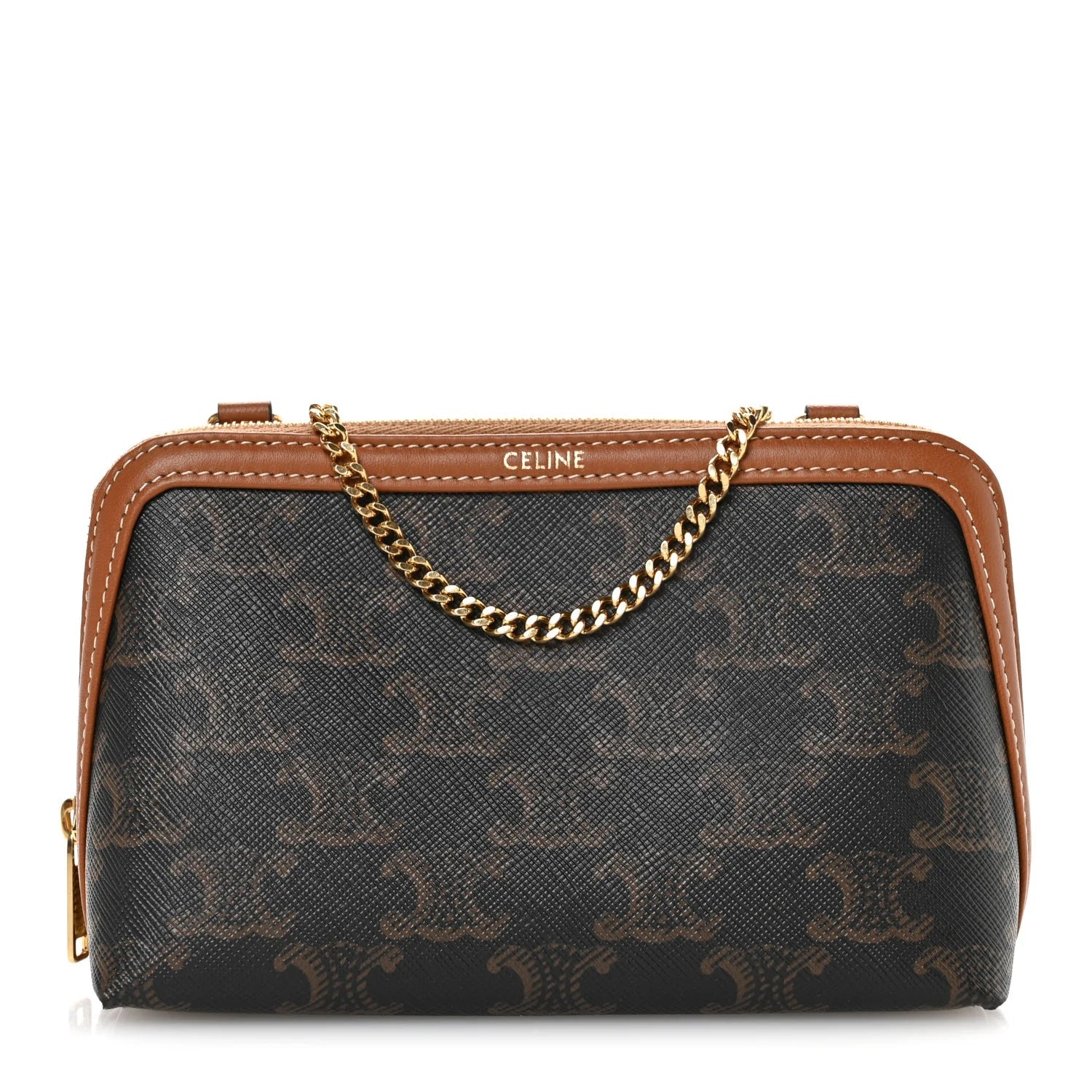 Triomphe Canvas Lambskin Clutch on Chain Tan