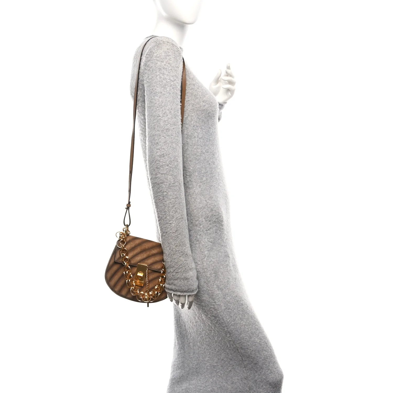 Suede Calfskin Quilted Drew Bijou Shoulder Bag Nut