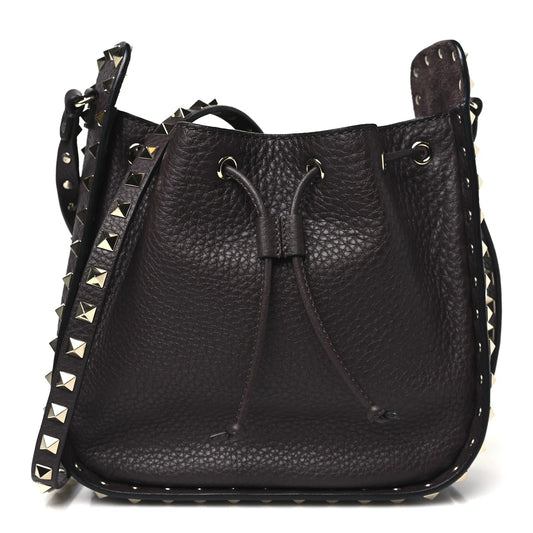 Grained Calfskin Rockstud Bucket Bag Vinaccia