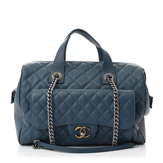 Grained Calfskin Quilted Large Casual Pocket Bowling Bag Blue