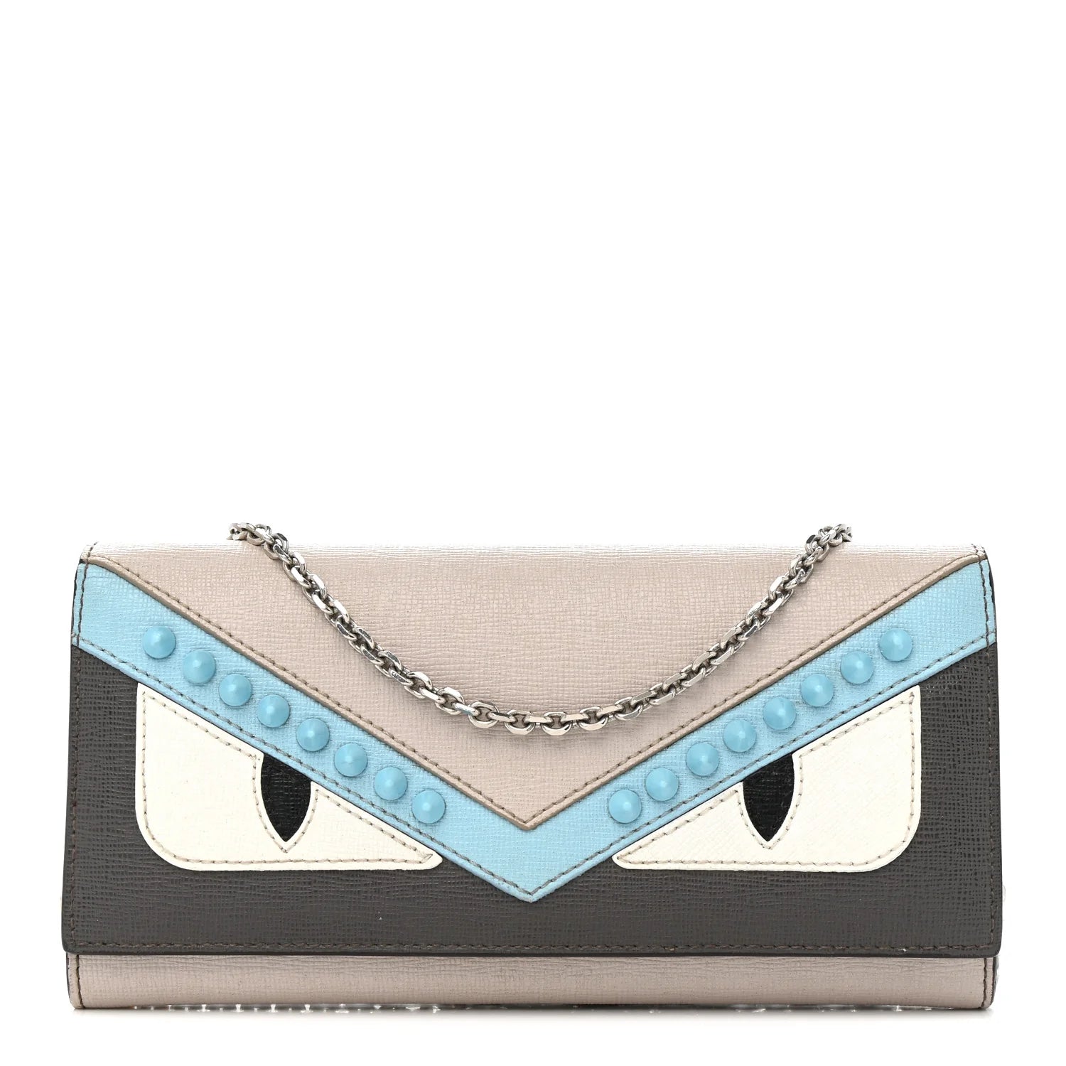 Vitello Elite Monster Eyes Studded Continental Wallet on Chain Carbone White Multicolor
