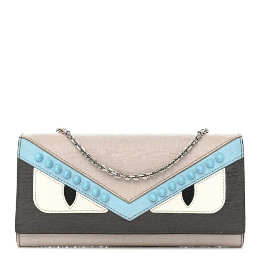 Vitello Elite Monster Eyes Studded Continental Wallet on Chain Carbone White Multicolor
