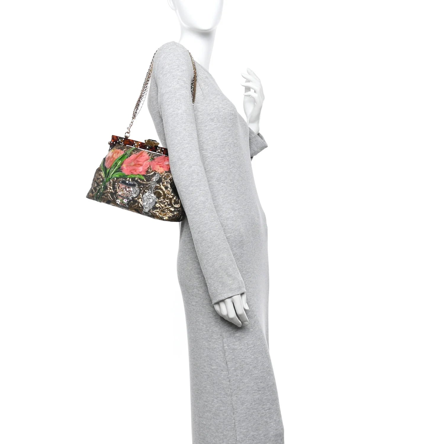 Silk Crystal Beaded Sequin Plexiglass Floral Vanda Circles Chain Clutch Multicolor