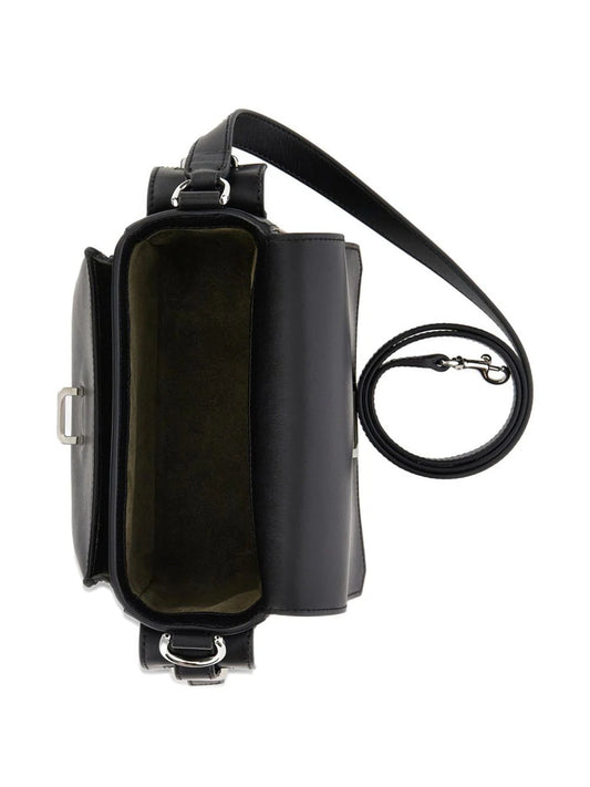 SMALL FLAP BAG in LEATHER, BLACK COLOR, VERSATILE SHOULDER STRAP, SEMI-HIDDEN FRONT POCKET and SIDE POCKETS with FLAPS and STRAPS.