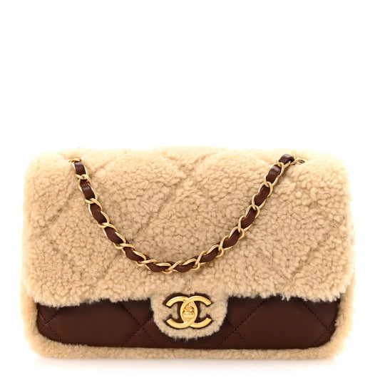 Shearling Lambskin Quilted Furry Coco Flap Dark Brown Beige