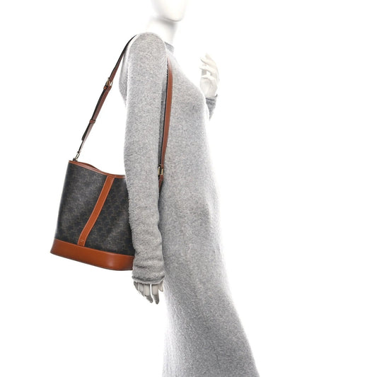 Triomphe Canvas Calfskin Medium Bucket Bag Tan