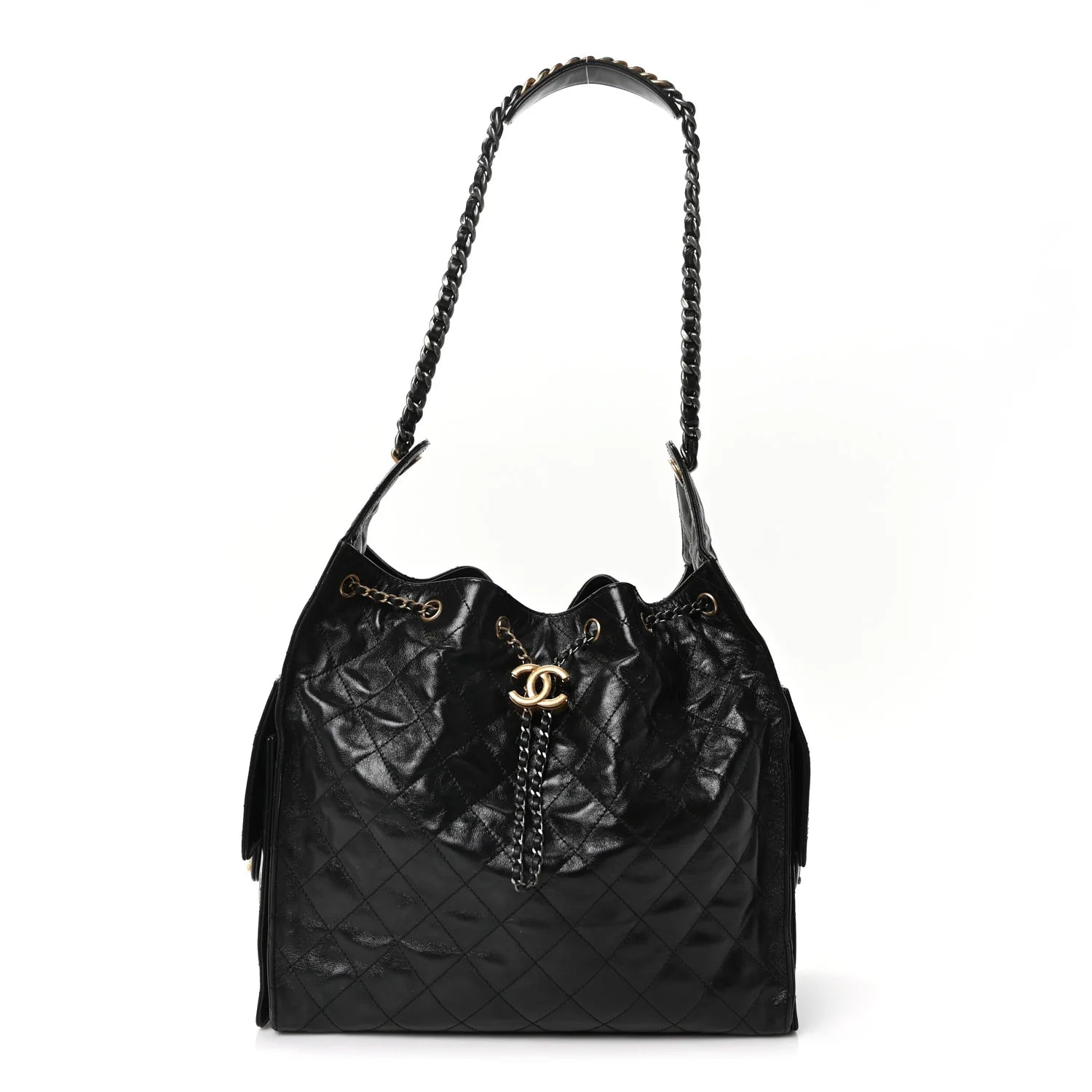 Shiny Crumpled Calfskin Quilted Medium  25 Handbag Black