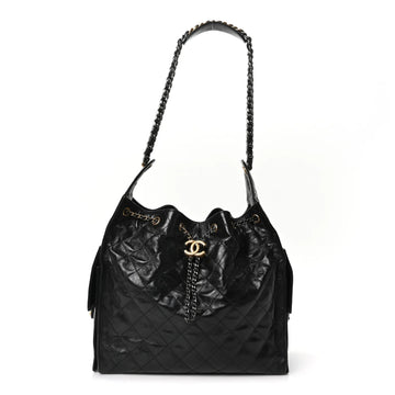 Shiny Crumpled Calfskin Quilted Medium  25 Handbag Black