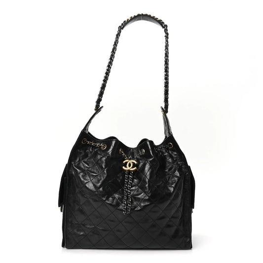 Shiny Crumpled Calfskin Quilted Medium  25 Handbag Black