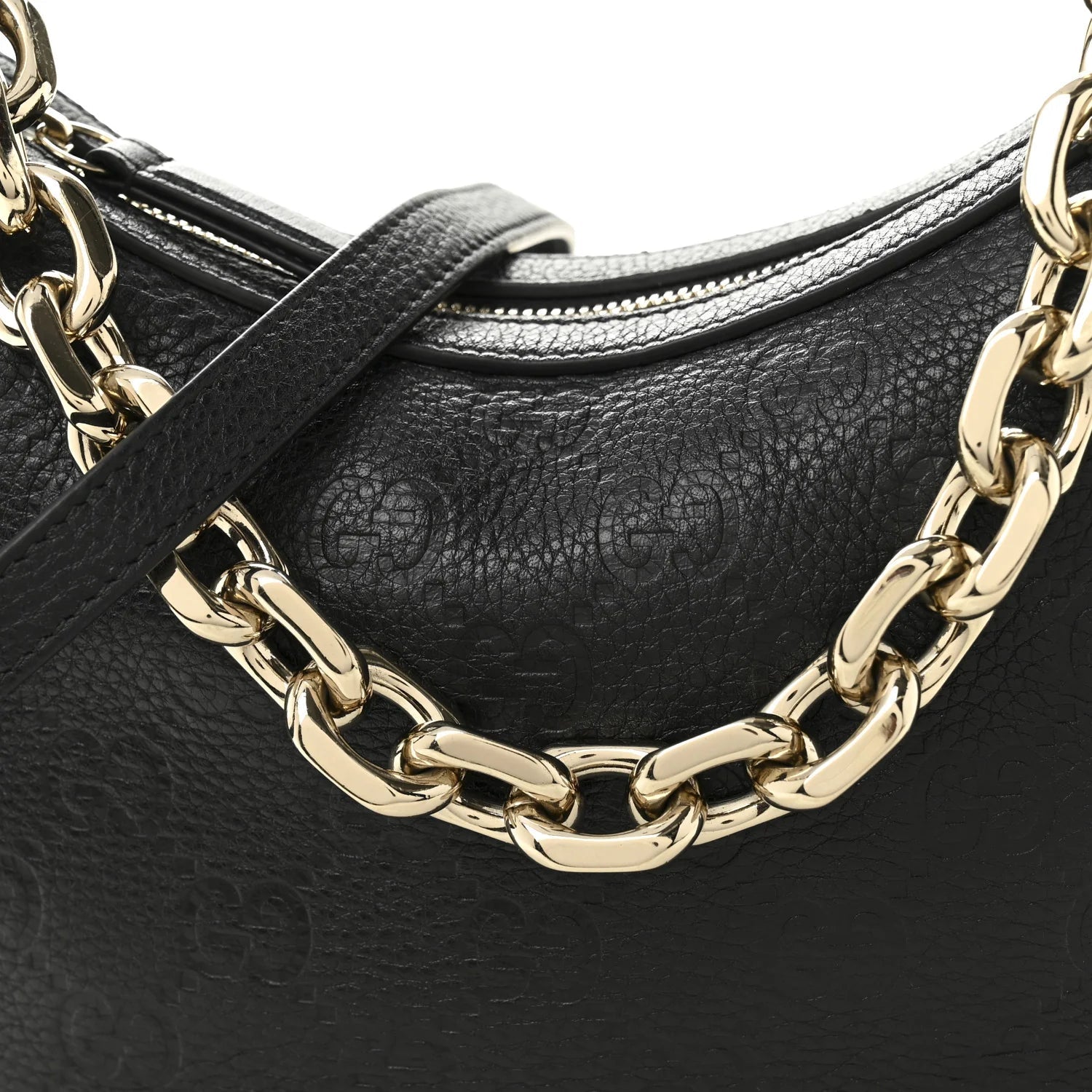 Grainy Calfskin GG Embossed Emblem Small Half Moon Shoulder Bag Black
